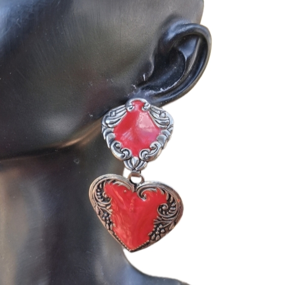 Vintage Art Nouvea Red Enamel & Silver Tone Heart Dangle Earrings - Picture 2 of 5